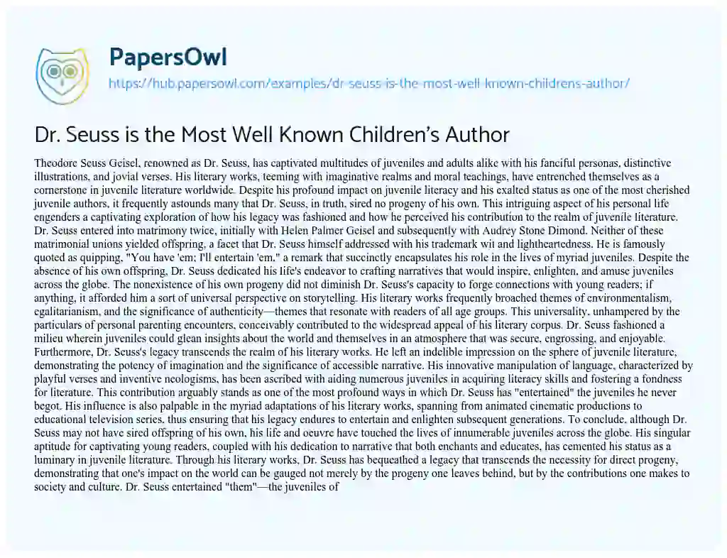 Essay on Dr. Seuss is the Most Well Known Children’s Author