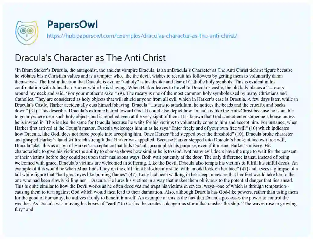 Essay on Dracula’s Character as The Anti Christ