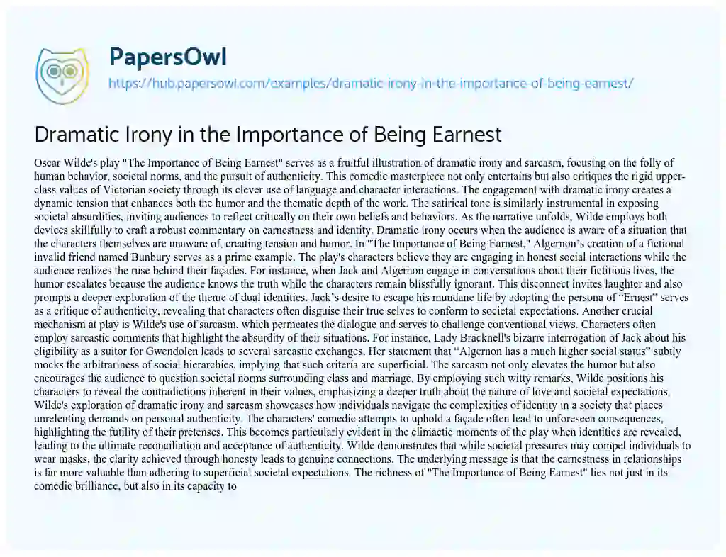 Essay on Dramatic Irony in the Importance of Being Earnest