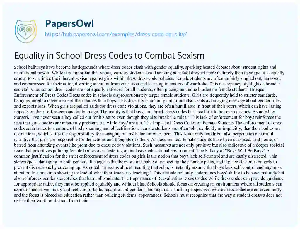 Essay on Equality in School Dress Codes to Combat Sexism