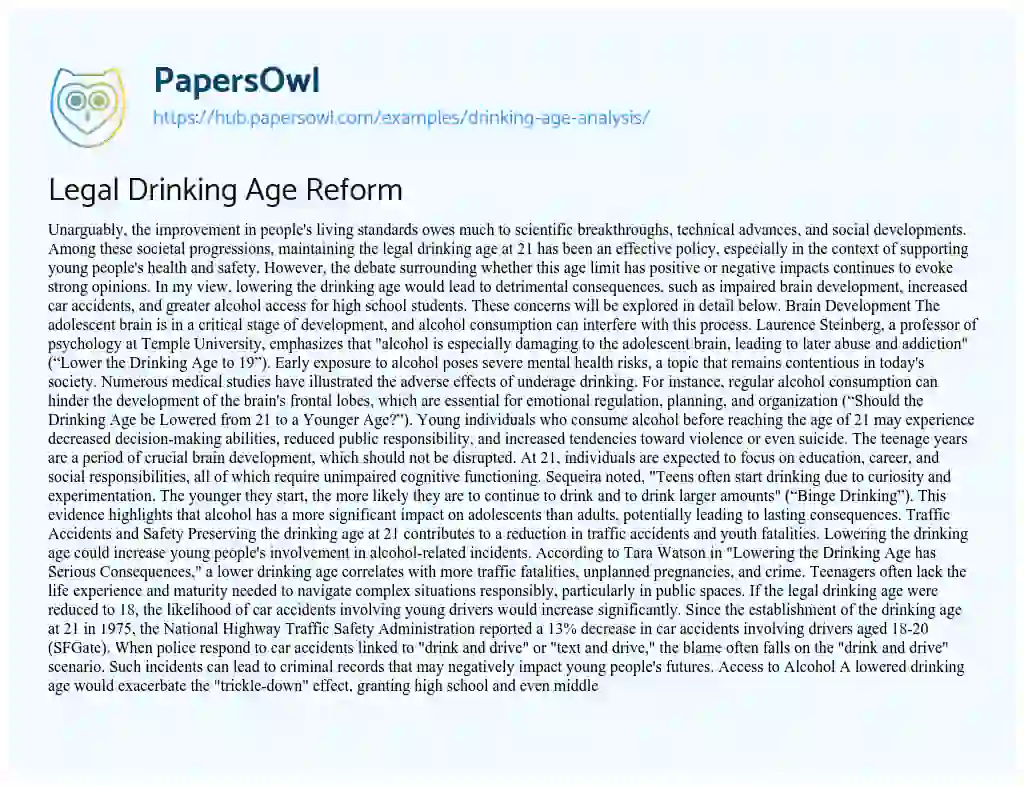 Essay on Legal Drinking Age Reform