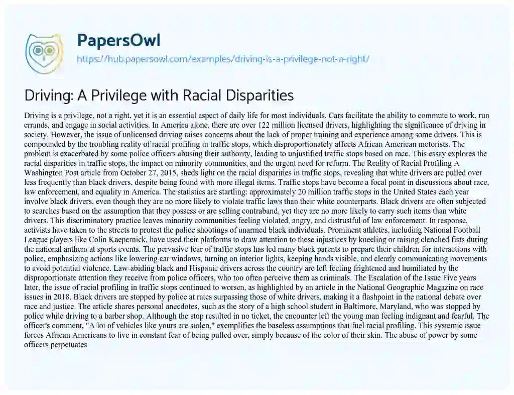 Essay on Driving: A Privilege with Racial Disparities