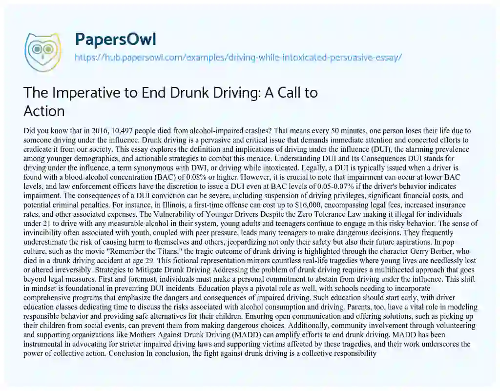 Essay on The Imperative to End Drunk Driving: A Call to Action