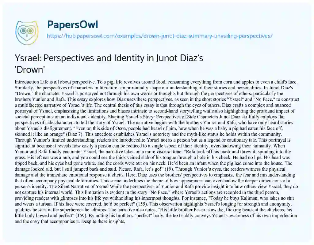 Essay on Ysrael: Perspectives and Identity in Junot Diaz’s ‘Drown’