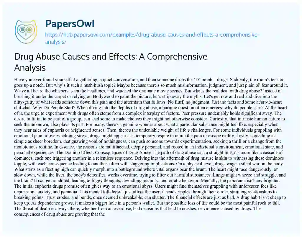 Essay on Drug Abuse Causes and Effects: A Comprehensive Analysis