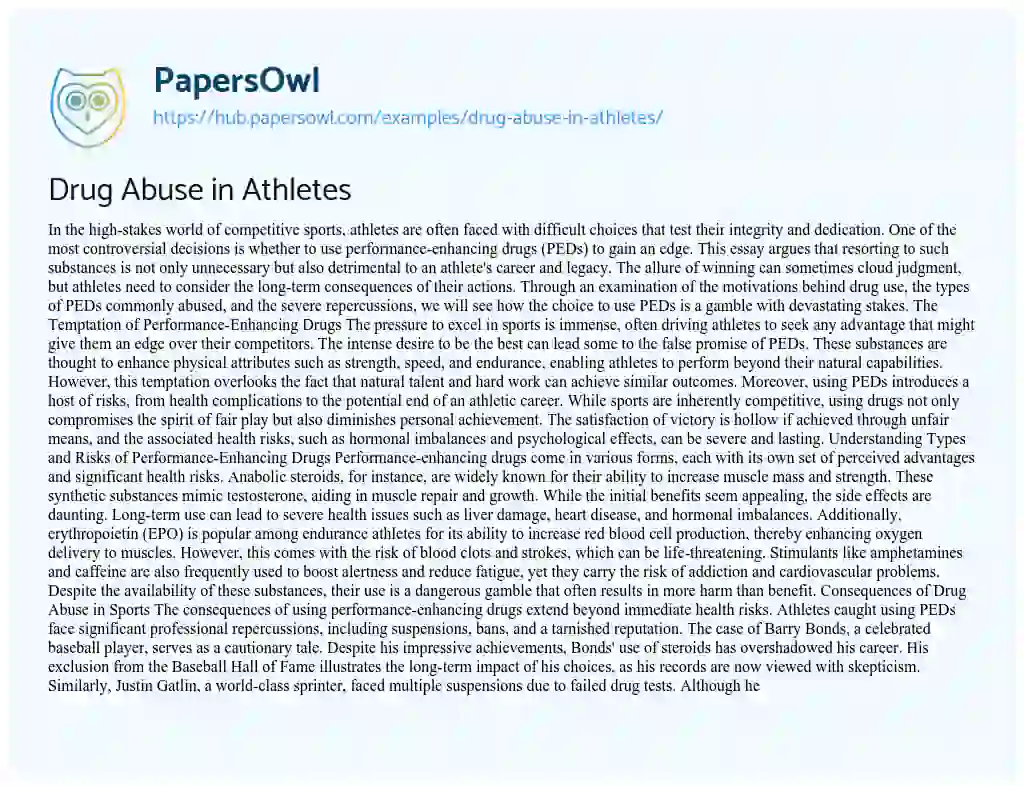 Essay on Drug Abuse in Athletes