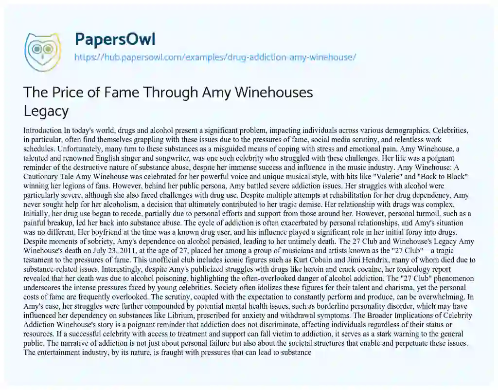 Essay on The Price of Fame Through Amy Winehouses Legacy
