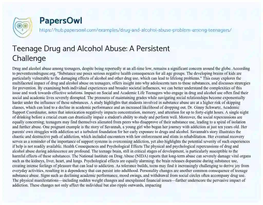 Essay on Teenage Drug and Alcohol Abuse: A Persistent Challenge