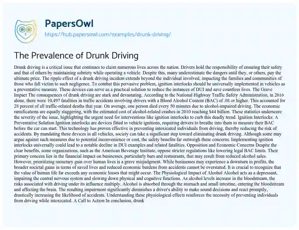 Essay on The Prevalence of Drunk Driving
