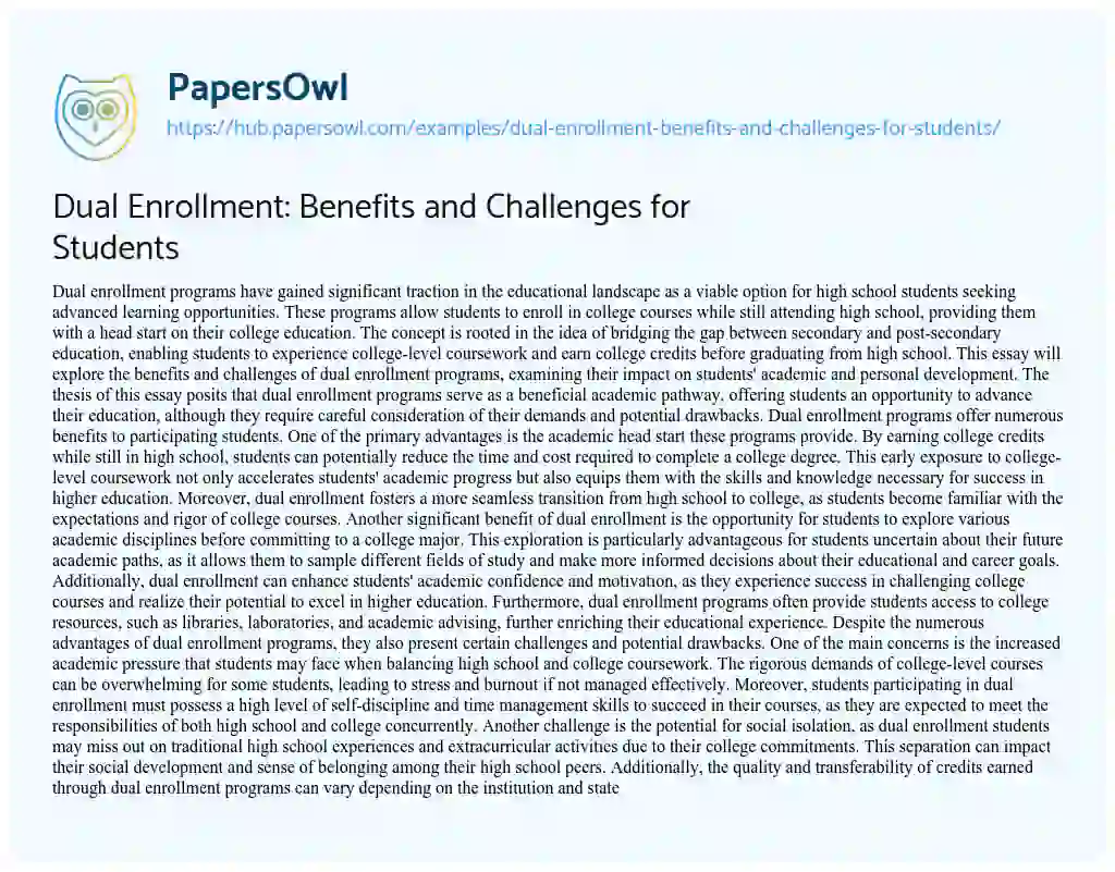 Essay on Dual Enrollment: Benefits and Challenges for Students