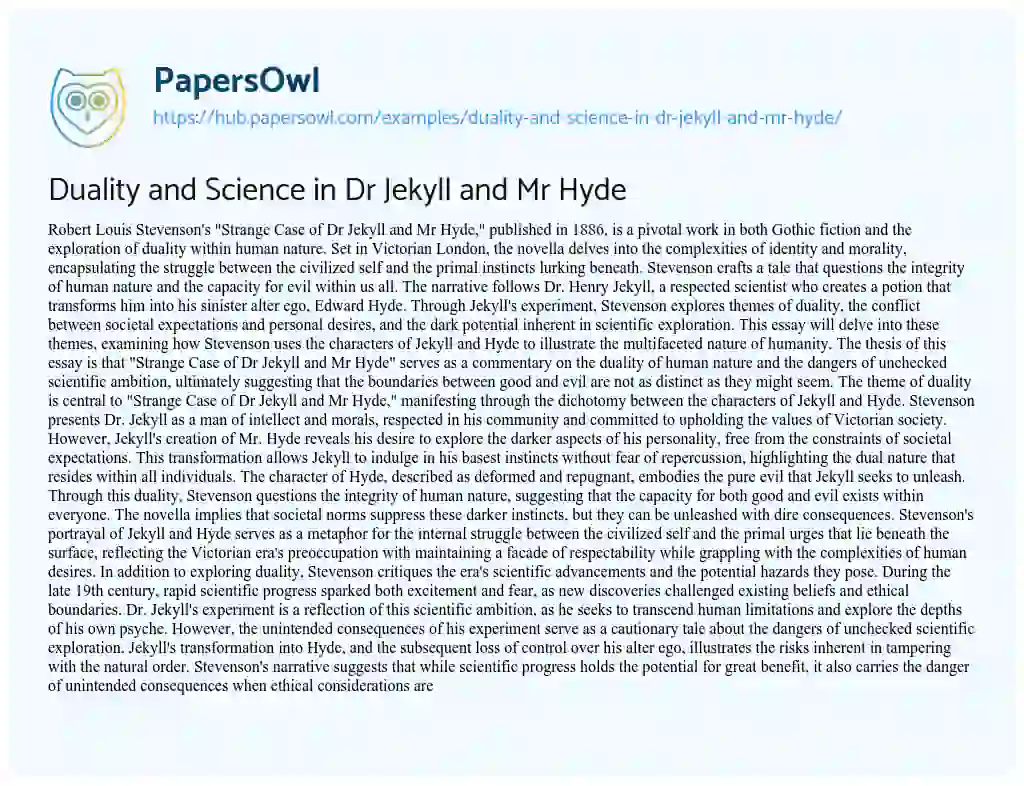 Essay on Duality and Science in Dr Jekyll and Mr Hyde