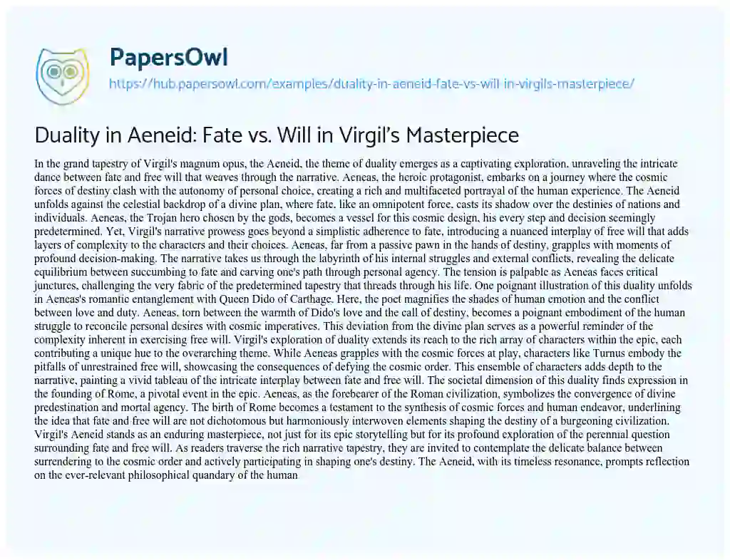 Essay on Duality in Aeneid: Fate vs. Will in Virgil’s Masterpiece