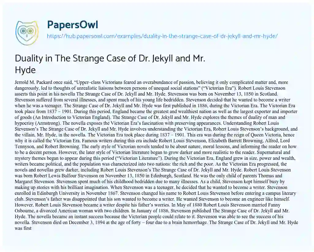 Essay on Duality in The Strange Case of Dr. Jekyll and Mr. Hyde