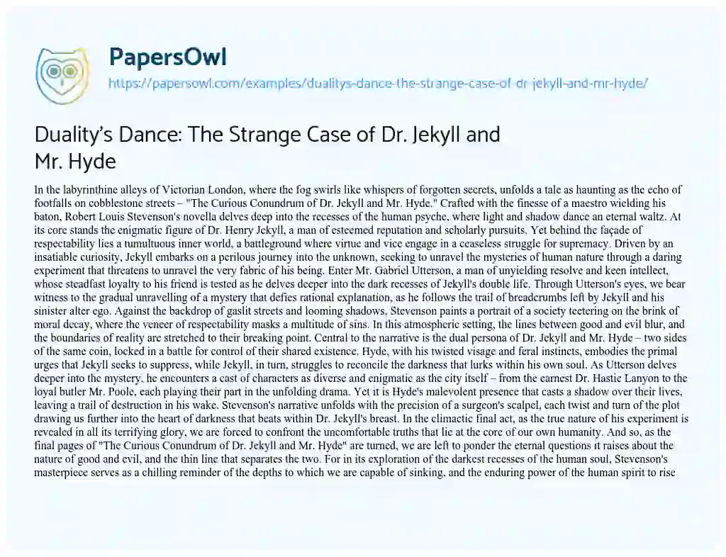 Essay on Duality’s Dance: The Strange Case of Dr. Jekyll and Mr. Hyde