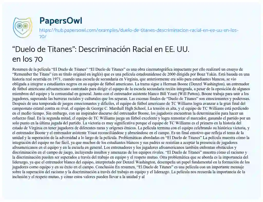Essay on “Duelo de Titanes”: Descriminación Racial en EE. UU. en los 70