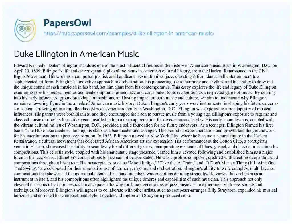 Essay on Duke Ellington in American Music