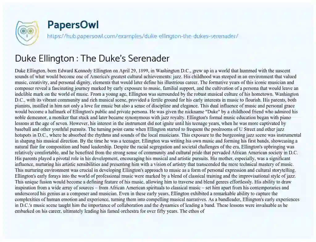 Essay on Duke Ellington : The Duke’s Serenader