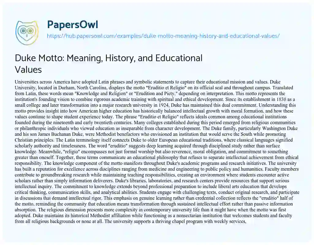 Essay on Duke Motto: Meaning, History, and Educational Values