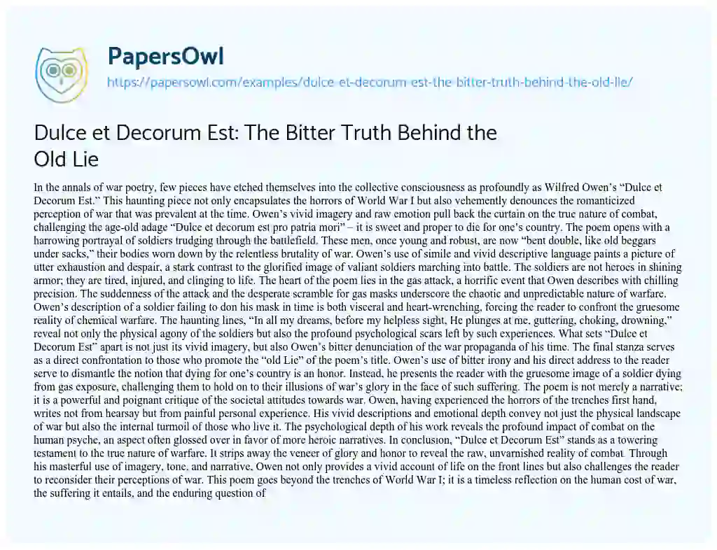 Essay on Dulce et Decorum Est: The Bitter Truth Behind the Old Lie