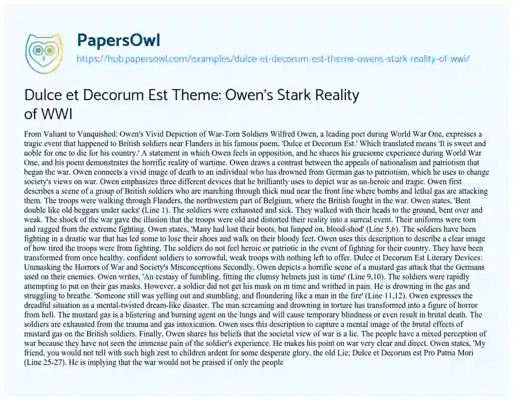 Essay on Dulce et Decorum Est Theme: Owen’s Stark Reality of WWI
