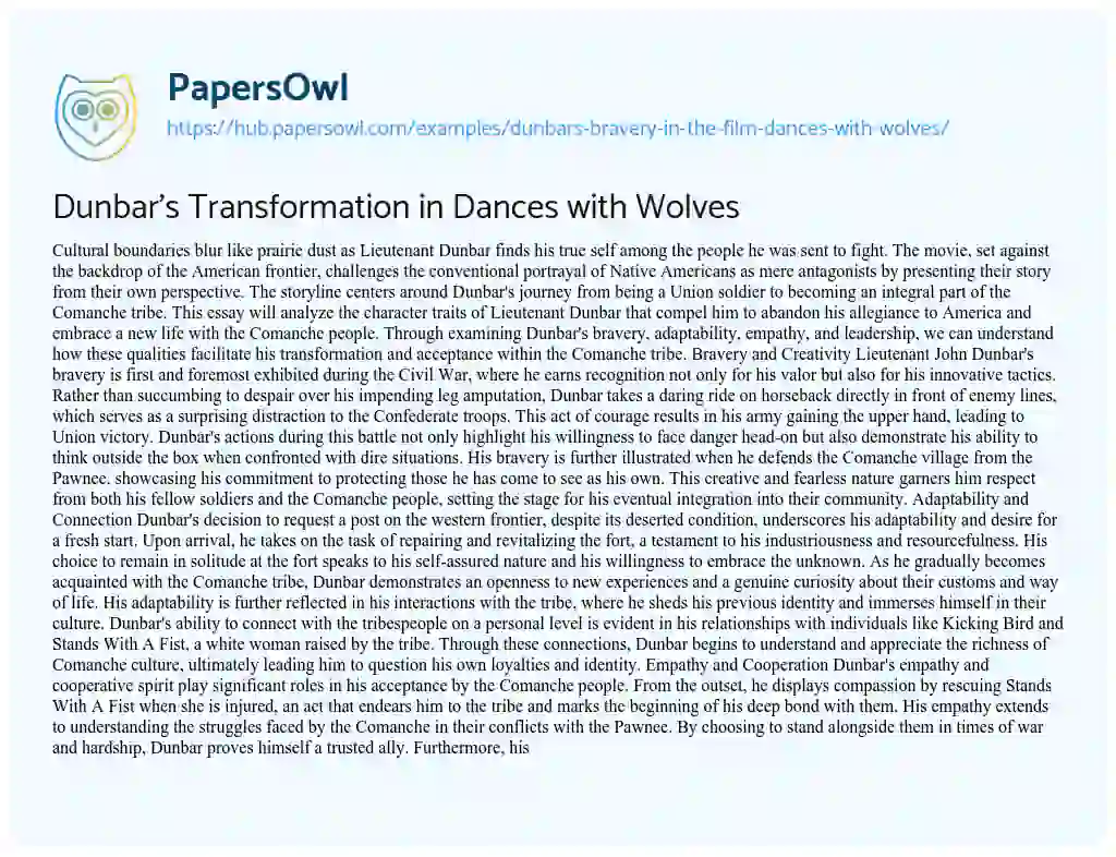 Essay on Dunbar’s Transformation in Dances with Wolves
