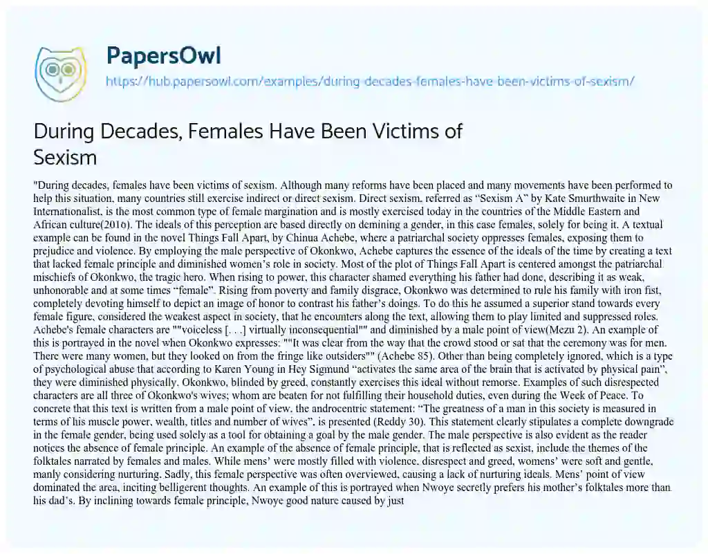 Essay on During Decades, Females Have Been Victims of Sexism
