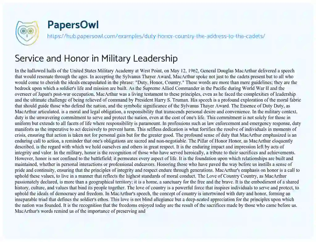 Essay on Service and Honor in Military Leadership