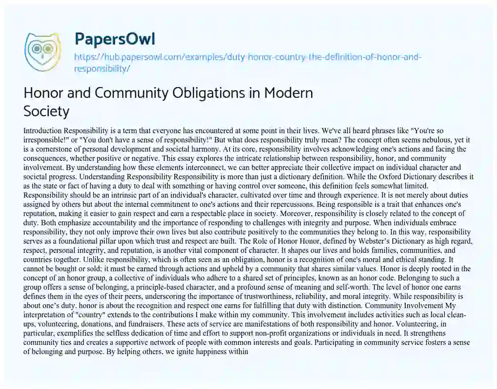 Essay on Honor and Community Obligations in Modern Society
