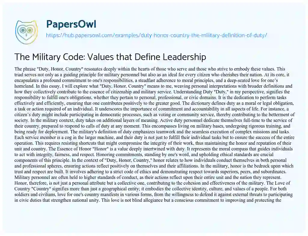 Essay on The Military Code: Values that Define Leadership