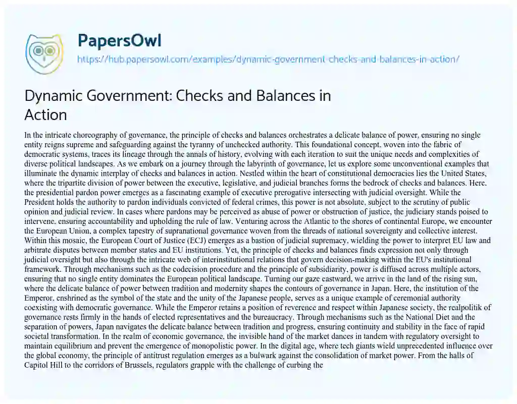 Essay on Dynamic Government: Checks and Balances in Action