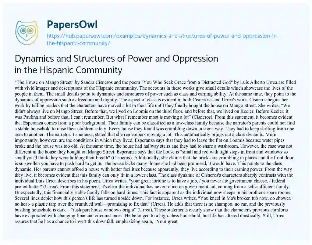 Essay on Dynamics and Structures of Power and Oppression in the Hispanic Community