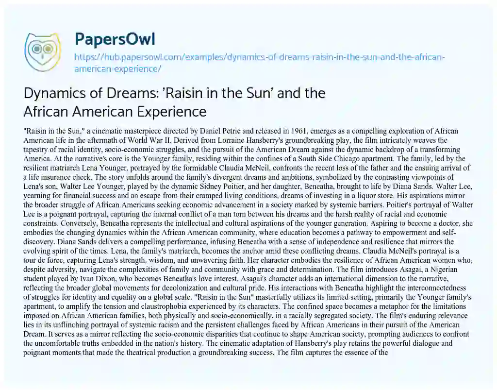 Essay on Dynamics of Dreams: ‘Raisin in the Sun’ and the African American Experience