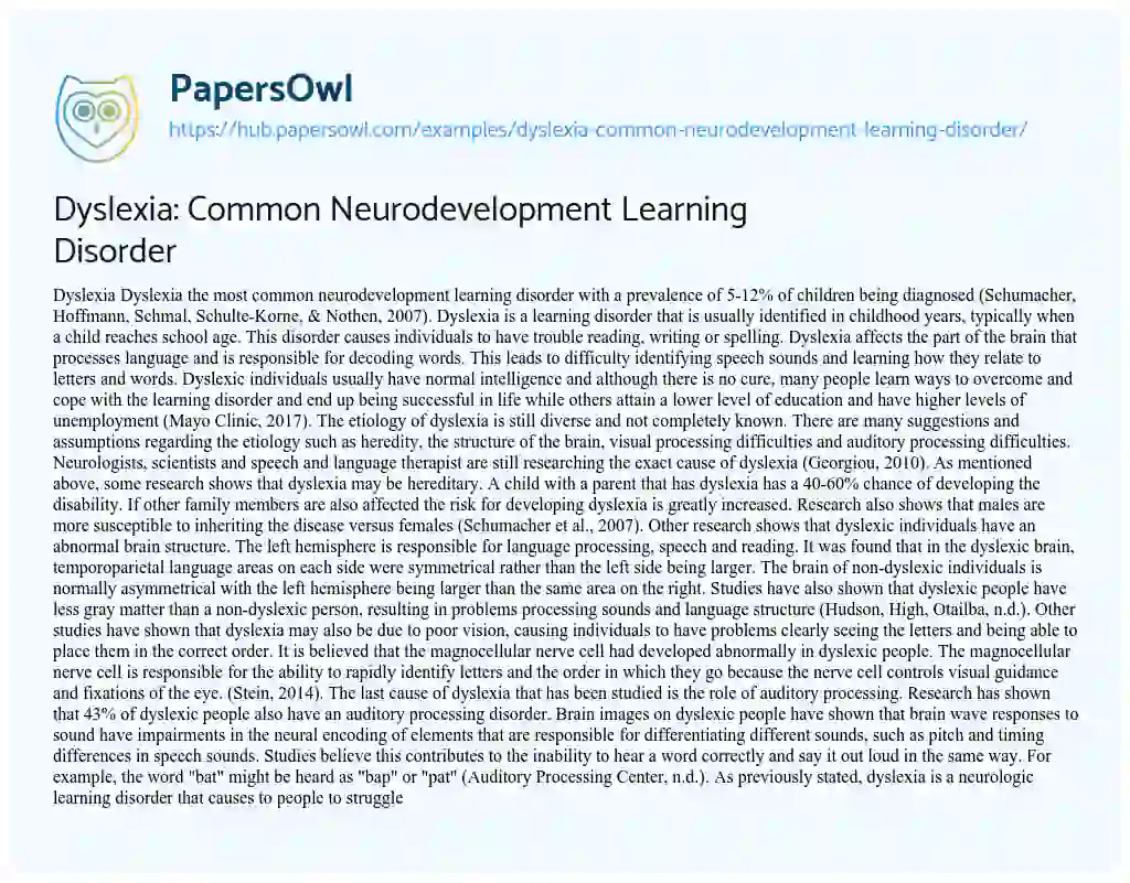 Essay on Dyslexia: Common Neurodevelopment Learning Disorder