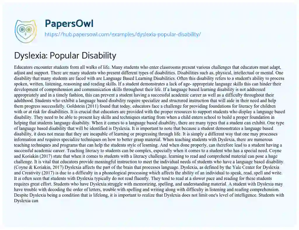 Essay on Dyslexia: Popular Disability