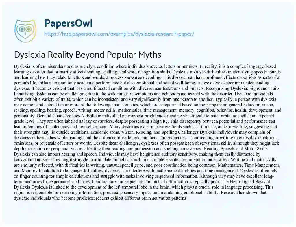 Essay on Dyslexia Reality Beyond Popular Myths