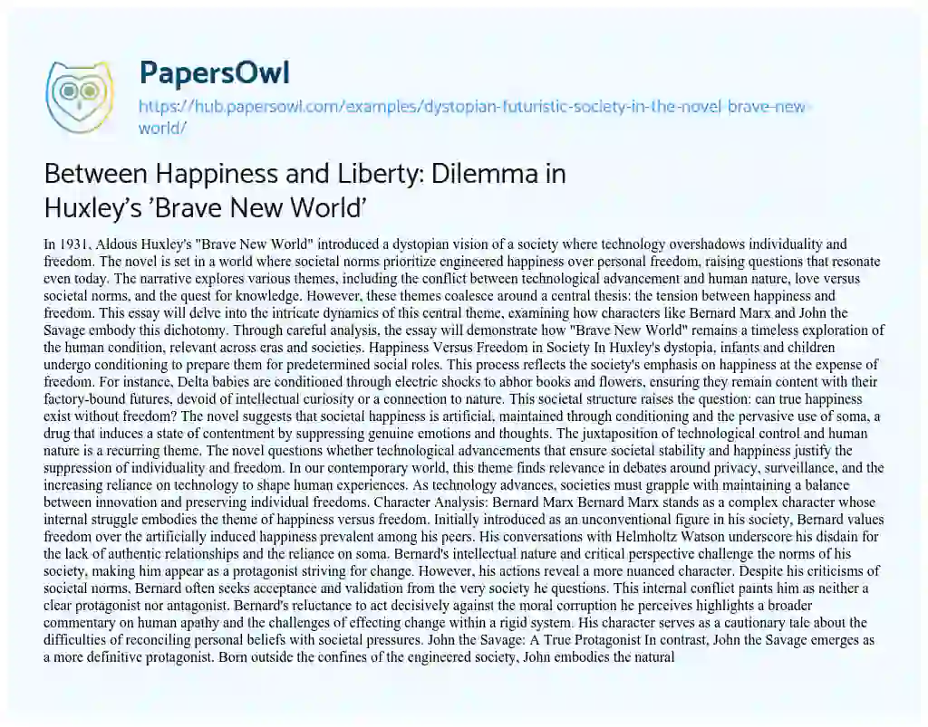 Essay on Between Happiness and Liberty: Dilemma in Huxley’s ‘Brave New World’