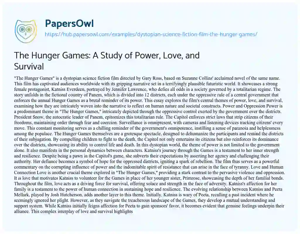 Essay on The Hunger Games: A Study of Power, Love, and Survival