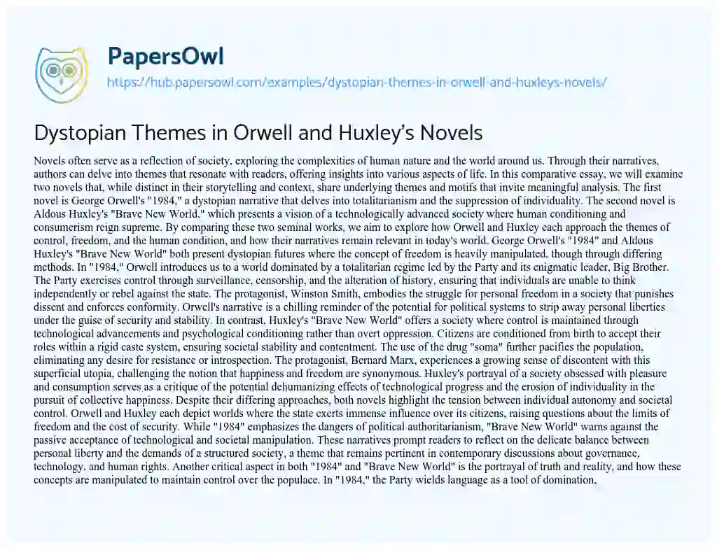 Essay on Dystopian Themes in Orwell and Huxley’s Novels