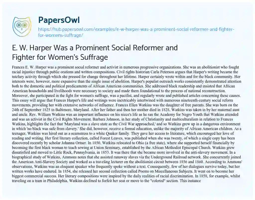 Essay on E. W. Harper Was a Prominent Social Reformer and Fighter for Women’s Suffrage