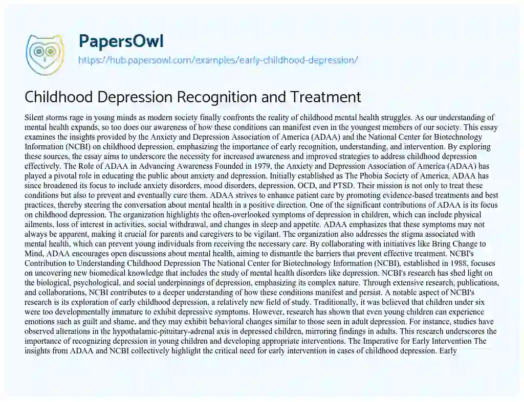 Essay on Childhood Depression Recognition and Treatment