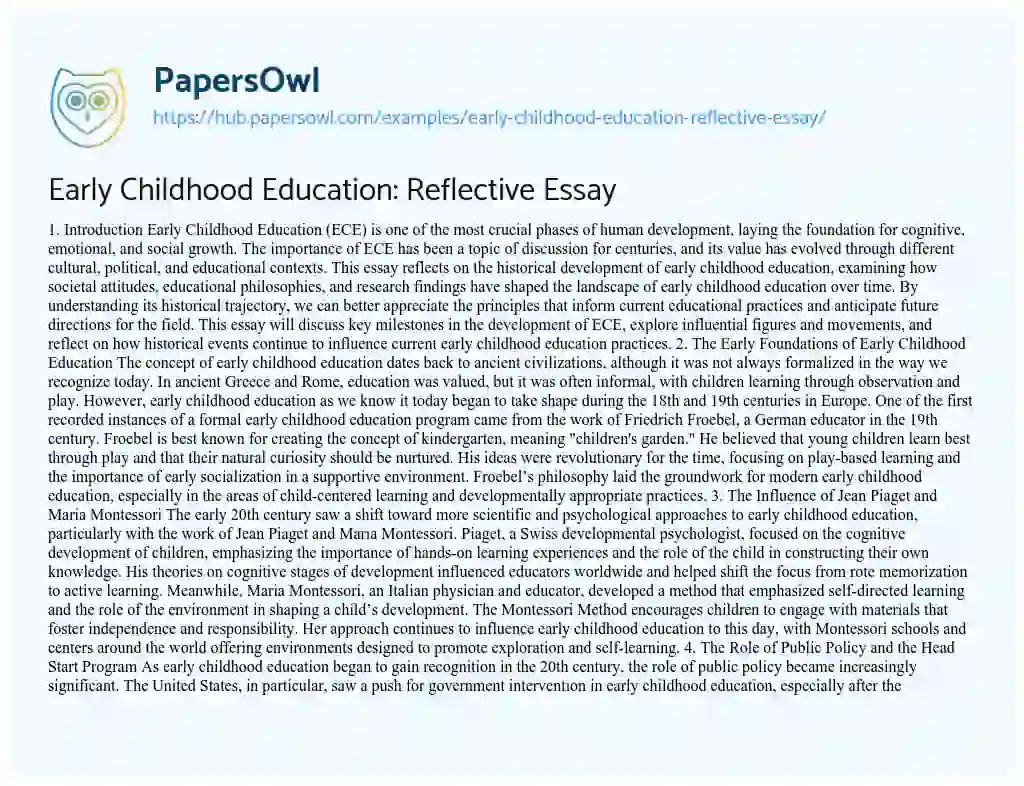 Essay on Early Childhood Education: Reflective Essay