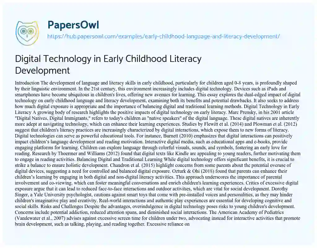 Essay on Digital Technology in Early Childhood Literacy Development