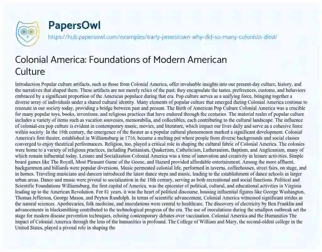 Essay on Colonial America: Foundations of Modern American Culture