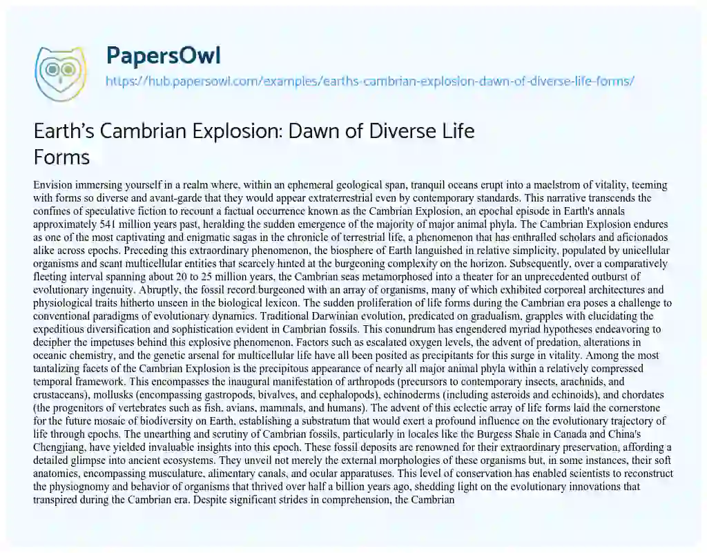 Essay on Earth’s Cambrian Explosion: Dawn of Diverse Life Forms