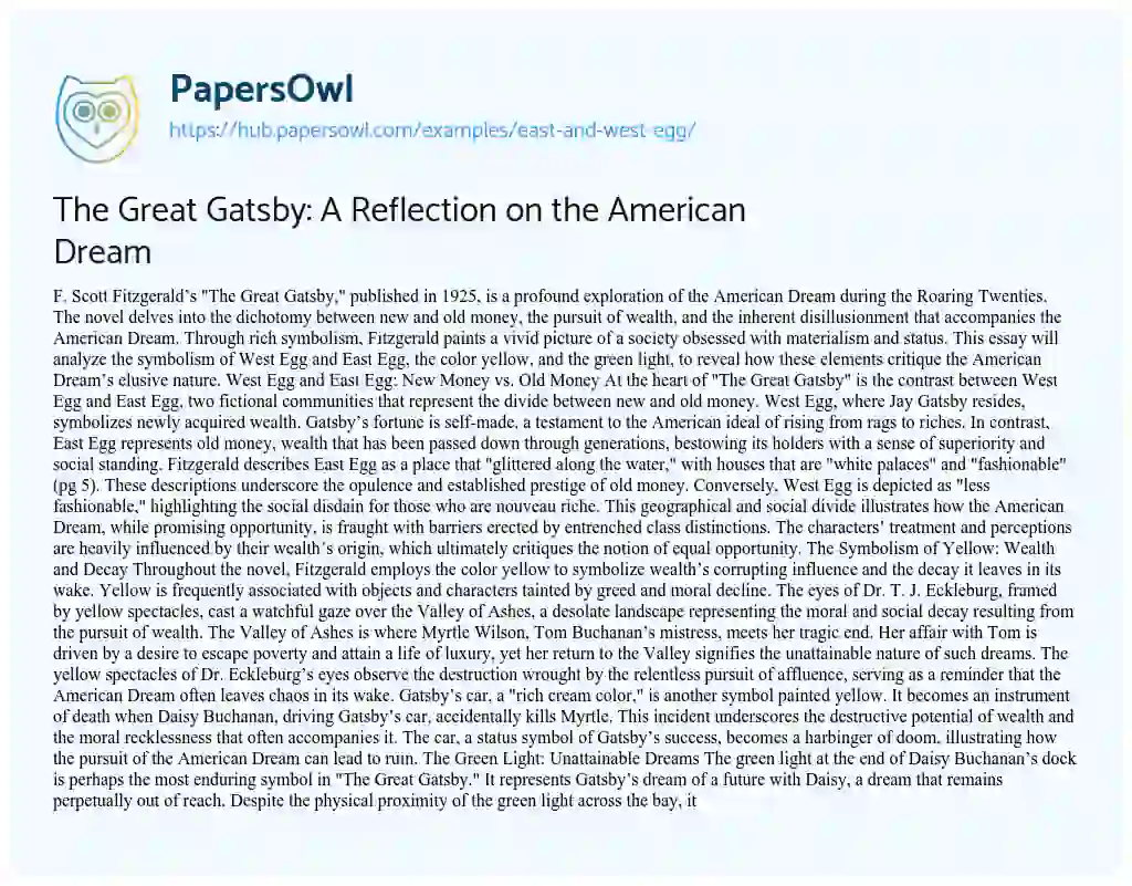 Essay on The Great Gatsby: A Reflection on the American Dream