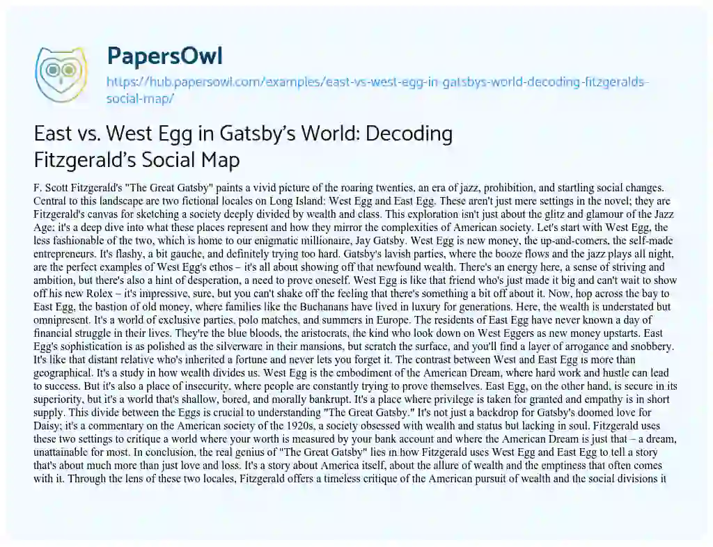 Essay on East vs. West Egg in Gatsby’s World: Decoding Fitzgerald’s Social Map
