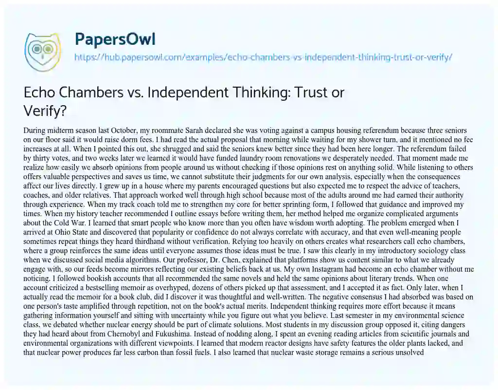 Essay on Echo Chambers vs. Independent Thinking: Trust or Verify?