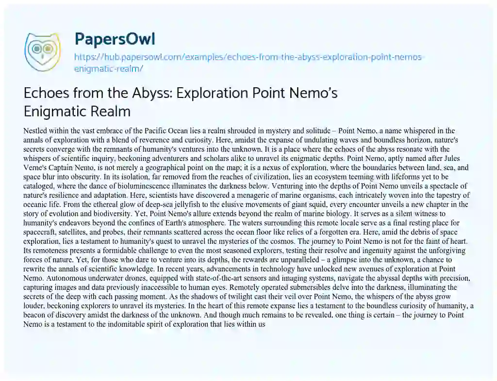 Essay on Echoes from the Abyss: Exploration Point Nemo’s Enigmatic Realm