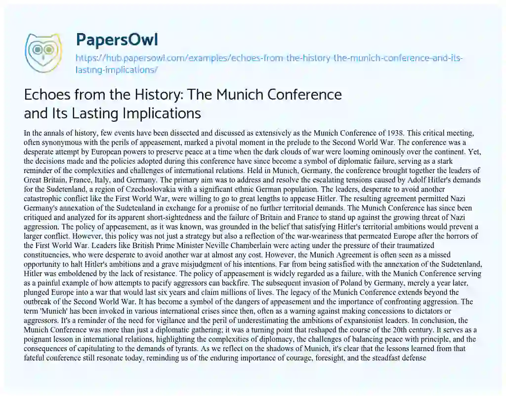 Essay on Echoes from the History: The Munich Conference and Its Lasting Implications