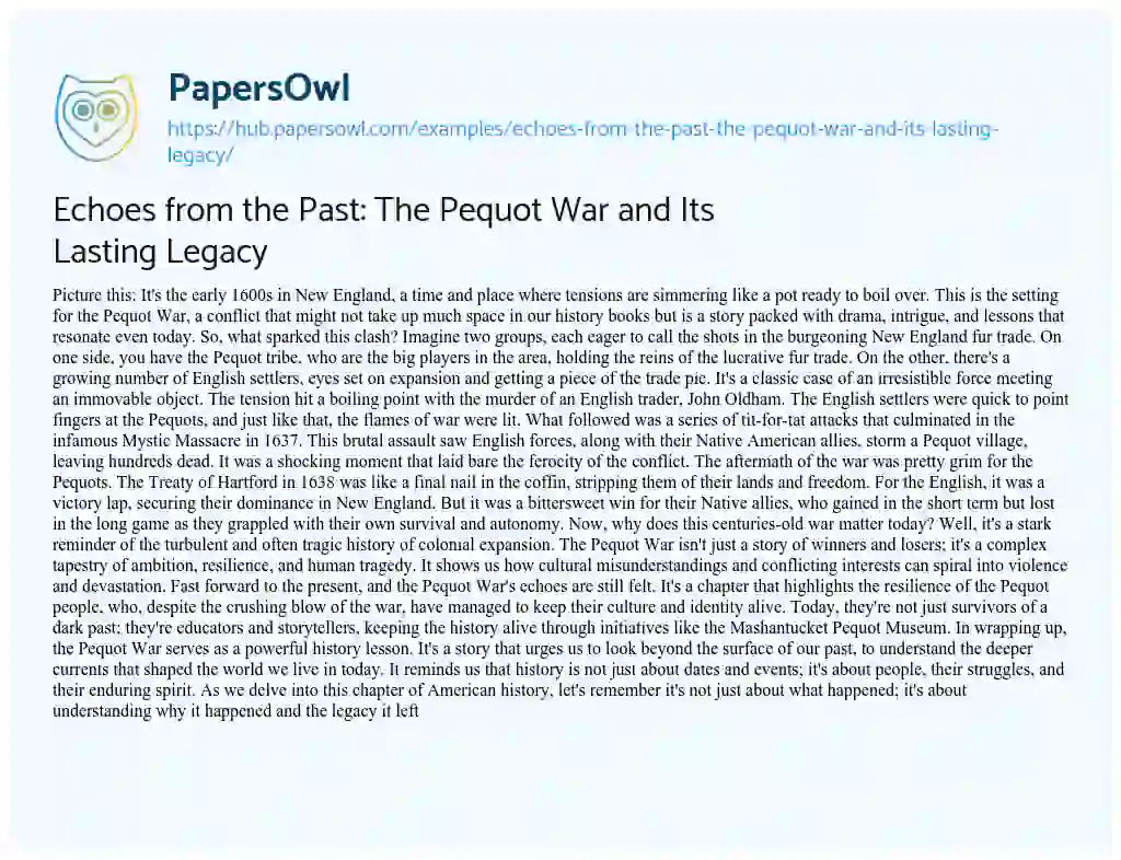 Essay on Echoes from the Past: The Pequot War and Its Lasting Legacy